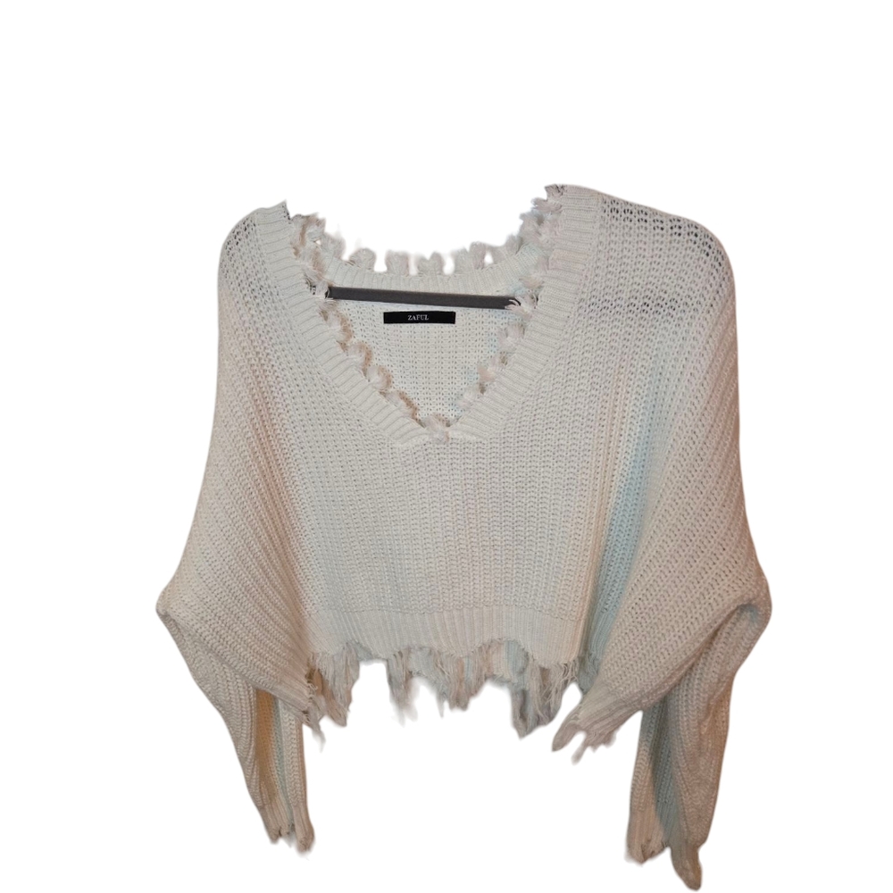 Zaful Womens White Distressed Knit Sweater